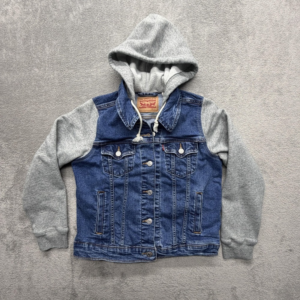 Levi's Jacket Youth Large Blue Denim Hooded Varsity Trucker Sweatshirt Sleeves